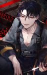  1boy baton black_background black_hair black_jacket black_pants blue_hair grey_background grey_shirt highres inukai_yuto jacket jacket_partially_removed keep_out male_focus multicolored_background multicolored_hair open_mouth pants paradox_live phantometal_(paradox_live) red_background red_eyes shirt short_hair sirofuku414 smirk solo teeth 