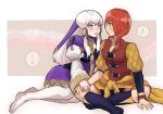  2girls blush boots crossed_legs fire_emblem fire_emblem:_three_houses leonie_pinelli long_hair long_sleeves lysithea_von_ordelia multiple_girls orange_eyes orange_hair pink_eyes simple_background sitting white_hair 