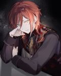  1boy black_background black_shirt blush brown_feathers closed_mouth ensemble_stars! feather_necklace feathers head_rest highres jewelry long_sleeves looking_at_viewer male_focus mmi_4 multicolored_hair necklace red_vest redhead sakasaki_natsume shirt smile solo vest white_hair yellow_eyes 