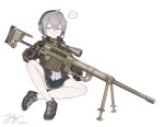  1girl black_skirt bolt_action brown_jacket cheytac_m200 dated girls_frontline grey_hair gun headset highres jacket jerry_wang m200_(girls&#039;_frontline) pleated_skirt rifle scope shirt shoes signature skirt sneakers sniper_rifle speech_bubble violet_eyes weapon white_shirt 