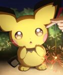  1other electricity fireworks highres holding_fireworks looking_at_viewer monaka_(hc_pkmn) night open_mouth out_of_character pichu pokemon pokemon_(creature) solo_focus sparkler 
