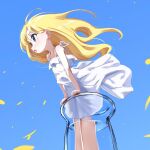  1girl absurdres album_cover bare_shoulders blonde_hair blue_eyes blue_sky blush bouen cover dress feet_out_of_frame floating_hair highres long_hair looking_to_the_side open_mouth original petals sky sleeveless sleeveless_dress solo white_dress wind 