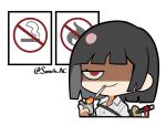  1girl black_hair cigarette collared_shirt holding holding_lighter katana lighter limbus_company looking_at_viewer project_moon red_eyes ryoshu_(limbus_company) shaded_face shirt short_hair sign simple_background smile solo south_ac sword upper_body weapon white_background white_shirt 
