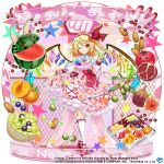  &gt;_&lt; 1girl ;) almond alternate_costume apricot_(fruit) blonde_hair closed_mouth clothes_lift commentary contrapposto copyright_name crystal dress dress_lift earrings english_commentary english_text fig flandre_scarlet flandre_scarlet_(rainbow_fruit_salad) food fruit fruit_print full_body game_cg grapes hairband heart jewelry lifted_by_self looking_at_viewer one_eye_closed one_side_up pink_dress red_footwear red_hairband redesign rotte_(1109) smile socks solo star_(symbol) third-party_source touhou touhou_lost_word watermelon white_socks wings 