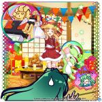  ! !! 2girls :d alternate_costume blonde_hair brown_headwear chibi chibi_inset closed_eyes commentary copyright_name cup drinking_glass english_commentary food frog_hair_ornament full_body fur_trim game_cg gift green_hair hair_ornament hisou_tensoku indoors kochiya_sanae long_hair long_sleeves medium_hair moriya_suwako moriya_suwako_(i_bet_this_is_what_sanae_wants!) multiple_girls open_mouth red_skirt red_thighhighs red_vest rotte_(1109) sidelocks skirt smile star_(symbol) striped striped_thighhighs stuffed_animal stuffed_frog stuffed_toy sweatdrop table thigh-highs third-party_source touhou touhou_lost_word vest white_thighhighs wide_sleeves 