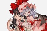  2girls :&gt; :d \||/ bat_wings black_hair bow brown_eyes closed_mouth commentary_request dress embodiment_of_scarlet_devil eyebrows_hidden_by_hair grey_hair hair_bow hair_tubes hakurei_reimu half-closed_eyes hands_up hat hug hug_from_behind long_hair looking_at_another looking_to_the_side mob_cap multiple_girls nail_polish ndasuzu_(n64qd11) one_eye_closed open_mouth pink_dress pink_headwear puffy_short_sleeves puffy_sleeves red_bow red_eyes red_nails remilia_scarlet short_sleeves sidelocks simple_background smile sweat teeth touhou white_background wings wrist_cuffs yuri 