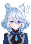 !? 1girl ahoge animal_ear_fluff animal_ears ascot black_ascot black_jacket blue_bow blue_eyes blue_hair blush bow brooch cat_ears commentary_request furina_(genshin_impact) genshin_impact hair_between_eyes hair_intakes highres jacket jewelry looking_at_viewer mochi_mochi052 no_headwear short_hair simple_background solo upper_body white_background 