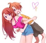  1boy 1girl asymmetrical_bangs ayame_iro_(toumei_dolce) back-to-back blue_shorts brown_hair brown_shorts collarbone earrings grin hair_over_one_eye heart hijiri_ageha hirogaru_sky!_precure jewelry long_hair looking_at_viewer open_mouth pink_shirt precure red_eyes shirt short_hair short_shorts short_sleeves shorts simple_background sketch smile straight_hair stretching violet_eyes wavy_mouth white_background yellow_shirt yuunagi_tsubasa 