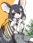  1girl absurdres animal_ears bow bowtie chair chinchilla_(kemono_friends) extra_ears grey_eyes grey_hair highres kanmoku-san kemono_friends looking_at_viewer mouse_ears mouse_girl mouse_tail outdoors shirt short_hair shorts simple_background smile solo suspenders tail 