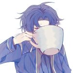  1boy ascot blue_ascot blue_coat blue_hair chesed_(project_moon) closed_eyes coat coffee_cup collared_coat cup disposable_cup grey_shirt highres holding holding_cup library_of_ruina long_sleeves male_focus oversized_object parted_bangs project_moon sakiaoba shirt simple_background solo white_background 