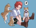  1boy animal blue_background boku_no_hero_academia boots brown_footwear closed_mouth commentary dog full_body kirishima_eijirou male_focus mouth_hold red_eyes redhead shiba_inu shirt short_hair short_sleeves shorts simple_background sitting smile spiky_hair spoken_squiggle squiggle symbol-only_commentary white_shirt zonozonotk 
