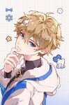  1boy blonde_hair blue_eyes commentary gepard_landau hand_on_own_chin hand_up honkai:_star_rail honkai_(series) hood hooded_jacket jacket looking_at_viewer male_focus short_hair solo upper_body white_jacket yeurei 