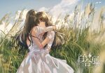  2girls clouds dress field fly_(marguerite) grass hand_on_another&#039;s_shoulder hand_on_another&#039;s_waist hug long_hair multiple_girls original pinafore_dress sky sleeveless sleeveless_dress tall_grass third-party_source white_dress 