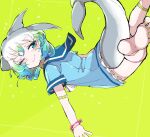  1girl bare_shoulders blue_eyes blue_hair cetacean_tail choker common_bottlenose_dolphin_(kemono_friends) dolphin_girl dress fins fish_tail green_background grey_hair highres jewelry kanmoku-san kemono_friends looking_at_viewer multicolored_hair one_eye_closed ring sailor_collar sailor_dress short_hair simple_background smile solo tail two-tone_hair 
