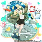 1girl alternate_costume black_footwear black_skirt bunny carrot character_snowman commentary copyright_name curly_hair earmuffs english_commentary full_body game_cg green_hair hakurei_reimu heart horns komano_aunn komano_aunn_(busy_at_new_year&#039;s) long_hair looking_at_viewer outdoors rotte_(1109) scarf single_horn skirt snow_rabbit snowing snowman socks solo standing standing_on_one_leg third-party_source touhou touhou_lost_word white_socks winter_clothes