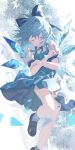  1girl black_footwear blue_bow blue_dress blue_hair bow cirno closed_eyes closed_mouth detached_wings dress fairy hair_bow highres ice ice_wings pinafore_dress shirt shoes short_hair short_sleeves sleeveless sleeveless_dress socks solo touhou uroam white_shirt white_socks wings 