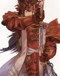  armor brown_eyes brown_hair fire_emblem fire_emblem_fates highres holding holding_sword holding_weapon japanese_armor japanese_clothes katana long_hair looking_at_viewer maekakekamen ryoma_(fire_emblem) samurai scabbard sheath sword weapon 