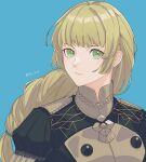  1girl 4ki_ori9 black_jacket blonde_hair blue_background commentary_request fire_emblem fire_emblem:_three_houses garreg_mach_monastery_uniform green_eyes highres ingrid_brandl_galatea jacket long_hair looking_at_viewer low-tied_long_hair puffy_sleeves simple_background solo upper_body very_long_hair 