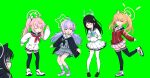  5girls after-school_sweets_club_(blue_archive) ahoge airi_(blue_archive) anger_vein animal_ears black_hair black_skirt black_thighhighs blonde_hair blue_archive blue_hair blush cat_ears closed_eyes dancing food-themed_hair_ornament frown green_halo green_screen hair_ornament hair_ribbon halo highres hood hooded_jacket ice_cream_hair_ornament jacket kazusa_(blue_archive) light_blue_hair long_hair long_sleeves matsumoto_tomoyohi meme multicolored_hair multiple_girls natsu_(blue_archive) neckerchief open_mouth orange_justice_(dance) pink_hair pink_skirt pleated_skirt red_jacket red_neckerchief reisa_(blue_archive) ribbon sailor_collar school_uniform serafuku short_hair side_ponytail skirt smile star_(symbol) star_hair_ornament streaked_hair thigh-highs track_jacket twintails two-tone_hair white_serafuku yoshimi_(blue_archive) 