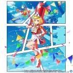  1girl alternate_costume blonde_hair boots closed_mouth clouds commentary confetti copyright_name crescent_print english_commentary full_body game_cg gloves hat hat_feather high_heels holding looking_at_viewer lunasa_prismriver lunasa_prismriver_(prism_march_baton) lyrica_prismriver marching_band marching_band_baton multicolored_clothes multicolored_skirt peaked_cap red_headwear rotte_(1109) short_hair silhouette skirt solo third-party_source touhou touhou_lost_word white_footwear white_gloves yellow_eyes 