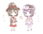  2others alternate_costume androgynous apron black_eyes black_hair black_headwear black_shirt bottle bow bowtie brown_footwear chibi chinese_commentary closed_mouth collar collared_shirt commentary_request dress enraku_tsubakura eye_of_senri eye_on_hat food frilled_apron frilled_hat frills hat heart holding holding_bottle holding_food holding_plate ketchup_bottle len&#039;en long_sleeves looking_at_viewer maid medium_skirt mob_cap multiple_others notice_lines open_mouth pantyhose pie plate puffy_long_sleeves puffy_sleeves purple_dress purple_footwear purple_hair red_bow red_bowtie red_skirt shirt shitodo_kuroji shoes short_dress short_hair skirt smile top_hat triangular_headpiece violet_eyes white_apron white_background white_bow white_collar white_pantyhose yapiemo 