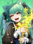  1girl ahoge animal_ears cat_ears cat_girl commentary english_commentary flimsieeeee_art flower girl_dm green_background green_hair heart heart_ahoge highres holding holding_flower indie_virtual_youtuber long_sleeves looking_at_viewer open_mouth simple_background solo teeth tongue twintails upper_body virtual_youtuber yellow_eyes 