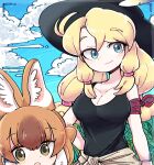  2girls absurdres black_tank_top blonde_hair blue_eyes blue_sky brown_eyes brown_hair calenda_(kemono_friends) dhole_(kemono_friends) hat hat_feather highres jacket kanmoku-san kemono_friends kemono_friends_3 long_hair looking_at_viewer multiple_girls nature ribbon short_hair sky tank_top 