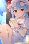  1girl absurdres blue_hair blue_nails blue_sky clouds commentary_request cup drinking drinking_glass hat hat_ribbon highres holding holding_cup katsukare light_particles light_rays looking_at_viewer mob_cap outdoors pointy_ears red_eyes red_ribbon remilia_scarlet ribbon shirt short_hair short_sleeves sitting skirt sky solo touhou white_headwear white_shirt white_skirt wrist_cuffs 
