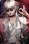 1boy 2022 black_choker chain_necklace choker cigarette dated grey_jacket happy_birthday highres holding holding_cigarette jacket jacket_partially_removed jewelry kaida_shion long_hair male_focus necklace paradox_live phantometal_(paradox_live) pink_hair red_background red_eyes ring shirt sirofuku414 smile solo sunglasses tongue tongue_out white_shirt 