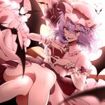  1girl absurdres animal ascot bat_(animal) bat_wings collared_shirt frilled_shirt_collar frills hair_between_eyes hat hat_ribbon highres kamenozoki_momomo mob_cap open_mouth pink_headwear pink_shirt pink_skirt purple_background red_ascot red_eyes red_ribbon remilia_scarlet ribbon shirt short_hair short_sleeves skirt solo tongue tongue_out touhou wings wrist_cuffs 