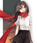  1girl arms_at_sides bad_id bad_pixiv_id black_hair black_skirt clouds cloudy_sky collared_shirt cowboy_shot double-parted_bangs enpera floating_scarf gradient_background grey_sky hair_between_eyes hair_ornament hairclip highres kagerou_project long_bangs long_scarf looking_at_viewer mahyack open_mouth orange_sky pleated_skirt red_eyes red_scarf scarf school_uniform shirt short_sleeves skirt sky solo summer_uniform sunset tateyama_ayano white_background 