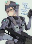  1girl armor armored_bodysuit bracer breastplate commission goddess_of_victory:_nikke green_eyes grey_hair helmet highres holding holding_weapon mesuosushi parted_lips product_08_(nikke) second-party_source shoulder_armor simple_background solo trigger_discipline visor_(armor) weapon 