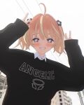  +_+ 1girl 3d ahoge black_sweater blender_(medium) blonde_hair blush bright_pupils cel_shading clothes_writing collared_shirt commentary_request day double_v english_text flower grin hair_flower hair_ornament highres long_sleeves looking_at_viewer medium_hair multicolored_eyes multicolored_hair orange_hair outdoors overcast pink_eyes power_lines print_sweater rinne_(rinrinne) rinrinne rinrinne39_(artist) shirt short_twintails sky sleeves_past_wrists smile solo streaked_hair sweater teeth twintails upper_body v violet_eyes virtual_youtuber white_pupils white_shirt 