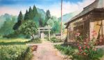  billboard blue_sky building bush chochottochoina clouds cloudy_sky flower forest grass house mountain nature no_humans omohide_poro_poro painting_(medium) path red_flower scenery sky thatched_roof torii traditional_media utility_pole wooden_wall 