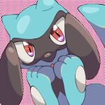  highres looking_at_viewer no_humans nose_poke000 open_mouth pokemon pokemon_(creature) polka_dot polka_dot_background riolu solo upper_body 