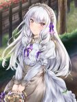  1girl :o apron basket blush brown_apron closed_mouth commentary_request dress fire_emblem fire_emblem:_three_houses fire_emblem_heroes flower food frills grass hair_ribbon highres holding holding_basket juliet_sleeves kei_(asufend) leaf long_hair long_sleeves looking_at_viewer lysithea_von_ordelia lysithea_von_ordelia_(tea_party) maid_headdress official_alternate_costume official_alternate_hairstyle puffy_sleeves purple_ribbon red_flower ribbon solo tree very_long_hair waist_apron white_dress white_hair 