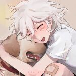  1boy :d animal animal_collar animal_hug artist_name bandaid bandaid_on_knee bandaid_on_leg blush boleum_(dgrpluna) collar danganronpa_(series) danganronpa_2:_goodbye_despair dog from_side happy highres komaeda_nagito medium_hair messy_hair multicolored_background sharp_teeth short_sleeves smile solo teeth tongue white_hair 