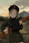  1girl belt black_belt black_headwear blue_eyes blue_sky clouds coat collared_coat collared_shirt commentary cowboy_shot dark_clouds dirty dirty_face dragunov_svd freckles fur-trimmed_shirt fur_hat fur_trim grass grasslands green_coat green_shirt gun hammer_and_sickle hat hat_ornament highres holding holding_gun holding_weapon kmusy_mp4 light_brown_hair long_hair looking_at_viewer medium_hair military_coat military_hat morning mountain muted_color nature open_mouth orange_sky original outdoors red_star rifle scope shirt sky smile sniper_rifle solo soviet star_(symbol) star_hat_ornament sunrise teeth ushanka weapon wispy_bangs 