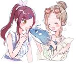  2girls bare_shoulders bikini blush bracelet brown_hair closed_eyes dolphin_hair_ornament eyewear_on_head frilled_bikini frills hair_bun hair_ornament hair_scrunchie hairclip highres holding ichikawa_hinana idolmaster idolmaster_shiny_colors jewelry ki_nu_uu long_hair multiple_girls nail_polish necklace official_alternate_costume official_alternate_hairstyle one_eye_closed open_mouth osaki_amana parted_bangs ponytail red-tinted_eyewear redhead scrunchie single_hair_bun smile stuffed_animal stuffed_dolphin stuffed_toy sunglasses swept_bangs swimsuit tinted_eyewear white_bikini yellow_eyes 