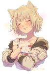  1girl animal_ears cat_ears chagi_chage closed_eyes cropped_torso diary fingerless_gloves gloves grey_hair grey_jacket highres jacket mio_(xenoblade) object_hug pocket smile twitter_username xenoblade_chronicles_(series) xenoblade_chronicles_3 