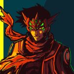  black_hair black_shirt blue_background crown emeraldcodex getter_emperor getter_rays getter_robo glowing_lines green_pupils jacket limited_palette nagare_ryoma open_clothes open_jacket possessed red_eyes red_scarf scarf shirt smirk 