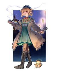  1girl absurdres black_footwear blonde_hair bow bowtie brown_coat coat cross-laced_footwear deerstalker dress frilled_coat full_body green_dress hair_rings hat highres holding holding_magnifying_glass holding_smoking_pipe magnifying_glass maplesights nijisanji nijisanji_en open_clothes open_coat pointy_ears pomu_rainpuff pomu_rainpuff_(4th_costume) pomudachi_(pomu_rainpuff) red_bow red_bowtie smile smoking_pipe solo 