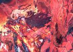  1girl armor black_bodysuit black_cape blonde_hair bodysuit cape dragon dragon_horns fate/grand_order fate_(series) fire flaming_sword flaming_weapon highres holding holding_sword holding_weapon horns long_hair nero_claudius_(fate) pointy_ears queen_draco_(fate) queen_draco_(third_ascension)_(fate) red_eyes reluvy slit_pupils sword twitter_username weapon 