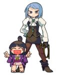  2girls :d ace_attorney ascot bandaid bandaid_on_knee bandaid_on_leg black_footwear black_gloves black_hair black_skirt black_vest blue_hair blunt_bangs blush_stickers boots brown_pantyhose chibi chiyo_(shuten_dj) closed_eyes commentary_request double_v franziska_von_karma full_body gloves grey_eyes hair_ornament half_updo hanten_(clothes) high_heel_boots high_heels holding holding_whip jacket japanese_clothes jewelry juliet_sleeves kimono long_hair long_sleeves magatama magatama_necklace maya_fey mini_person minigirl mole mole_under_eye multiple_girls necklace obi open_mouth pantyhose parted_bangs pencil_skirt puffy_sleeves purple_jacket sandals sash shirt short_hair short_kimono sidelocks simple_background skirt smile standing v v-shaped_eyebrows vest whip white_background white_kimono white_shirt 