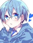  1boy bad_id bad_twitter_id bespectacled black-framed_eyewear blue_eyes blue_hair blue_necktie blue_sweater blue_theme blush cheek_rest collared_shirt colon_(stpri) double-parted_bangs eyes_visible_through_hair glasses gradient_eyes hair_between_eyes hand_on_own_cheek hand_on_own_face heart highres limited_palette long_sleeves looking_at_viewer loose_necktie male_focus multicolored_eyes necktie open_collar over-rim_eyewear parted_lips rectangular_eyewear semi-rimless_eyewear shirokitsune_(whitesou46) shirt short_hair simple_background solo strawberry_prince sweater upper_body v-neck white_background white_eyes white_shirt 