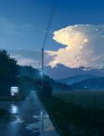  blue_sky clouds evening highres karanagi no_humans original outdoors power_lines puddle rice_paddy road scenery sky utility_pole vending_machine water 