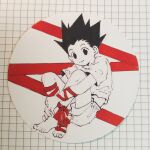  1boy barefoot black_hair child commentary gon_freecss highres hunter_x_hunter looking_at_viewer male_focus mumian67053620 red_ribbon ribbon simple_background smile solo spiky_hair symbol-only_commentary 