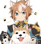  1boy animal_ears armor black_gloves brown_fur brown_hair closed_mouth dog dog_boy dog_ears fang genshin_impact gloves gorou_(genshin_impact) green_eyes hair_between_eyes imoko_(imo_ss) long_sleeves looking_at_viewer paw_print paw_print_background short_hair shoulder_armor skin_fang smile 