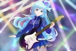  1girl aqua_(konosuba) blue_eyes blue_hair blue_shirt blue_skirt bocchi_the_rock! colored_lights concert electric_guitar guitar hair_ornament hair_rings highres holding holding_instrument idol instrument jacket kafka963 kono_subarashii_sekai_ni_shukufuku_wo! long_hair looking_at_viewer shirt single_hair_ring skirt smile solo spotlight stage stage_lights thigh-highs track_jacket very_long_hair 