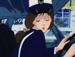  1girl 80s car car_door cat&rsquo;s_eye flat_tire motor_vehicle police police_car police_uniform policewoman road shop 